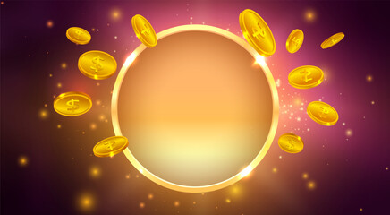 Golden Coins Circular Frame with Empty Space. Jackpot Casino Gaming Luxury Background