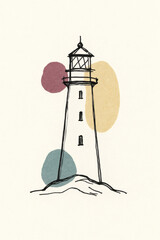 A minimalist lighthouse sketch, featuring simple lines and muted color accents, evokes a sense of tranquility and coastal charm.