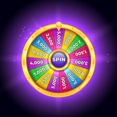 Colorful Casino Spin Wheel with Bright Neon Lights, Jackpot Prizes, and Sparkling Effects for Gambling Games