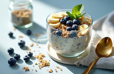 Close-up of refreshing breakfast parfait layered with yogurt granola blueberries and banana slices. This healthy dessert offers nutritious morning meal packed with natural ingredients for wellness.