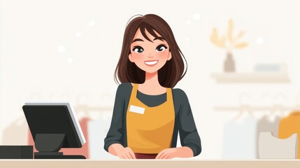 A cheerful shop assistant stands at the checkout counter in a retail store. She wears a yellow apron and smiles brightly creating a welcoming atmosphere for customers.