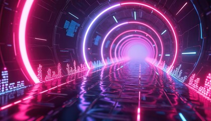 Futuristic tunnel with glowing neon lights and sound wave equalizer displays. Digital tech concept in vibrant pink and blue. Modern innovative design for event promotion.
