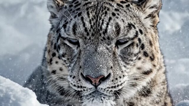 Majestic Snow Leopard Portrait in a Winter Blizzard with Snowflakes Falling and Mountains in Background