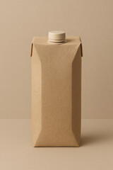 A product shot showcases a simple, unlabeled beverage carton, emphasizing clean design against a monochromatic background for a minimal aesthetic.