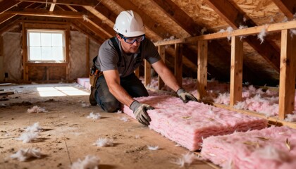 Medium shot of a contractor aligning fiberglass batt insulation for optimal coverage in a residential attic space under renovation.