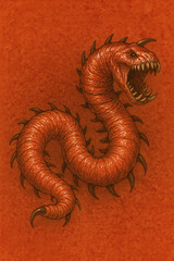 Terrifying monster worm with a menacing open mouth and sharp teeth. Its reddish-orange body is segmented and adorned with spikes along its side.