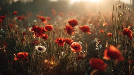 Vibrant red poppies sway gently in a sunlit field surrounded by other wildflowers. The soft morning light creates a peaceful atmosphere showcasing nature's beauty.