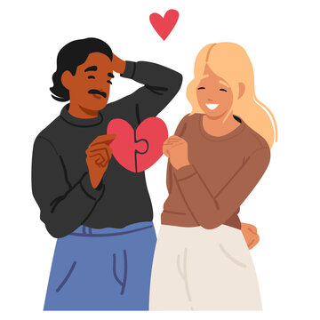 Happy multiracial couple cartoon characters connecting missing heart shaped jigsaw pieces together