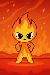 A cartoon fire elemental stands defiantly against a blazing backdrop, radiating heat and anger with its fiery form and determined stance.