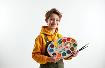 Fototapeta premium Young boy holds colorful art palette with paints and brushes ready to draw. He smiles happily against a white backdrop. Concept of childhood creativity and artistic expression.