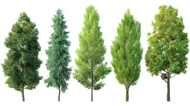 A group of various trees stands tall displaying a range of colors and shapes. The sunlight enhances their vibrant greens and earthy tones creating a serene atmosphere.