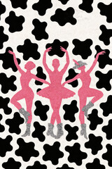 Pink ballerinas in cowboy boots dancing over a black and white background. The scene is playful and whimsical, blending ballet with western themes.