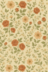 Elegant floral arrangement showcasing roses and daisies in a repeating pattern, a classic and timeless design on a beige background.