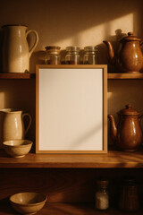 Wooden shelves displaying vintage pottery, spice jars, teapots, and bowls, with a blank picture frame to be filled with your preferred art.