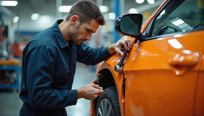 Mechanic inspects orange car in auto repair shop. Technician works on vehicle body panel using tool. Pro service and car maintenance at workshop.