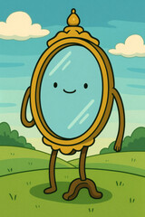 A friendly animated mirror stands happily in a vibrant, grassy field under a bright blue sky with fluffy clouds, radiating cheerfulness.