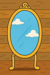 Whimsical mirror reflecting a serene sky and fluffy clouds, standing against a textured wooden wall with a charming, cartoon-like aesthetic.