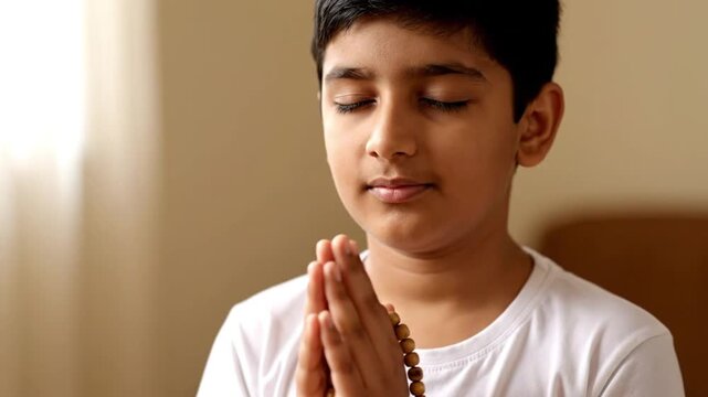 Young boy with eyes closed, hands joined in prayer, holding rosary beads
