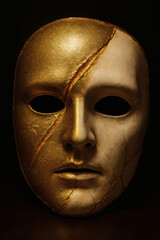 An exquisite golden mask, bisected by an intriguing fissure, revealing intricate detailing and an enigmatic, captivating allure, on black background.