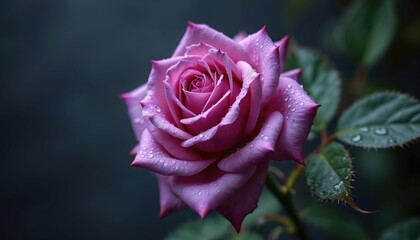 Purple rose with water droplets on dark background. Delicate petals glisten with moisture showing vibrant bloom and elegance. Close up macro shot details plant life and beauty.