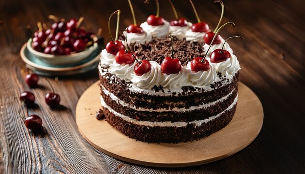 delicious black forest cake with whipped cream and fresh cherries on wooden surface - Powered by Adobe