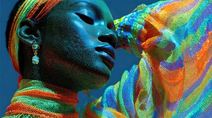 Vibrant Colorful Portrait of Person in Beaded Rainbow Attire and Earring Against Blue Background
