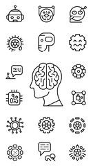 Artificial Intelligence web icons in line style. Innovation technology, machine, robot, bot, brain, collection. Vector illustration.