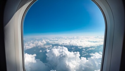 oval airplane window high altitude view of puffy clouds against a light blue sky