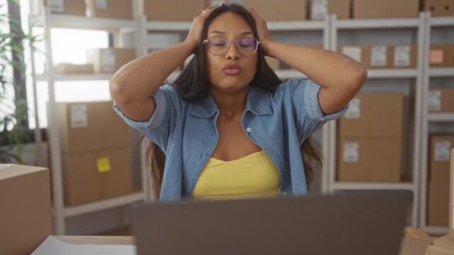 Woman holding head with hands at laptop among stacked boxes and shelves in building; stress overwhelm fatigue worry.
