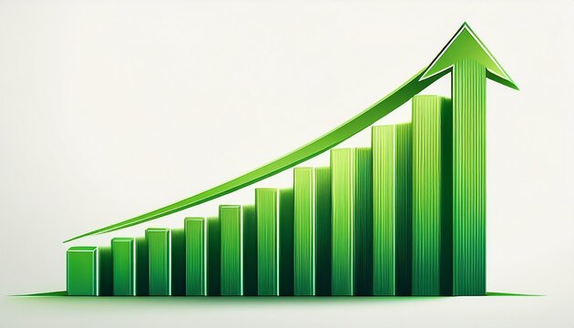 green upward growth chart with ascending bars and arrow showing sustainable business success isolated on white background