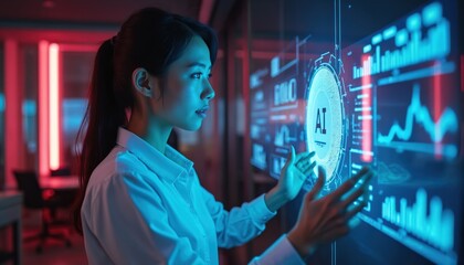 Asian woman interacts with holographic AI display in office. She uses futuristic digital interface with tech data. Artificial intelligence innovation and business transformation concept.