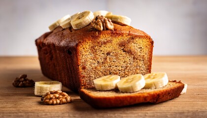 sliced banana bread loaf with walnuts and bananas on wooden surface