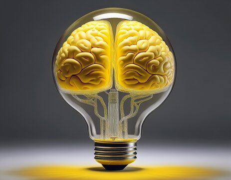 a transparent lightbulb halves of a brain inside yellow and gray - Powered by Adobe