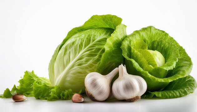 fresh green lettuce cabbage and garlic on a white background