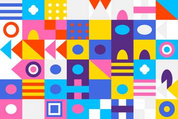 Vibrant abstract geometric mosaic pattern with diverse shapes and bright colors, creating a playful modern background design.