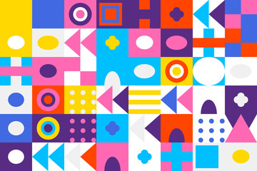 Vibrant abstract geometric pattern with diverse shapes in a dynamic mosaic grid, colorful modern retro design background artwork