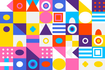 Vibrant abstract geometric background with diverse shapes and bright colors, modern playful pattern design.