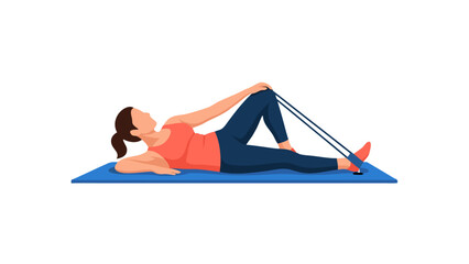 Woman Lying Down on a Blue Yoga Mat Performing Resistance Band Exercise With Dark Blue Leggings and Orange Tank Top in a Minimalist Studio Environment