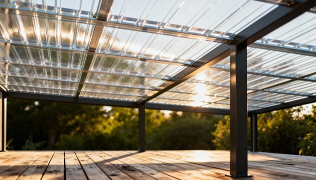 Medium shot of clear polycarbonate roofing sheets installed on a modern outdoor patio showcasing their transparent durable design.