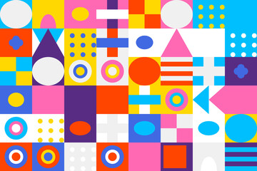 Fototapeta premium Vibrant abstract geometric pattern with colorful shapes and flat design elements, ideal for modern backgrounds and creative.