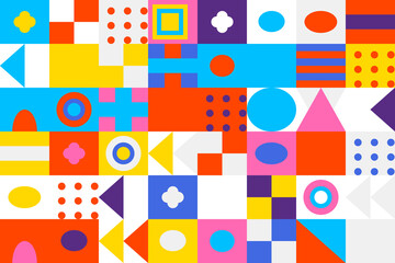 Colorful geometric abstract pattern background with various shapes and vibrant primary colors for modern design projects.