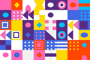 Colorful mosaic pattern with diverse geometric shapes and vibrant hues creating an abstract and dynamic background design.