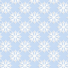 Seamless 3D Paper Cut Snowflake Pattern on Light Blue Background
