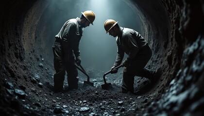 Two miners in yellow hard hats dig coal with shovels in dark underground tunnel. Men extract black fuel resource for energy power generation. Manual labor is hard work.