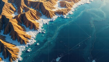 Aerial view of coastal topography. Illustration intricate terrain features with mountains, water bodies. Visualization created by digital radar mapping. Topographic data presents detailed land