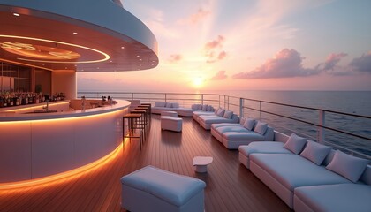 Open air bar lounge area on cruise ship with sea view at sunset. Modern cruise liner terrace with furniture, lighting. Relaxing ocean vacation on luxury ship concept. Travel journey during sundown.