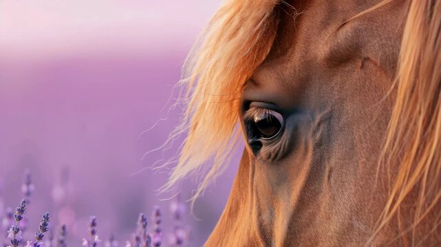 Close-up of chestnut horse's face with lavender and soft purple background