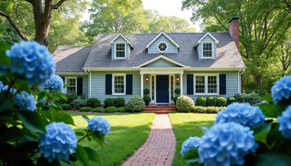 Suburban Cape Cod house exterior with blue hydrangeas, brick pathway. Freshly painted house in soft grey surrounded by green lawn, trees. Beautiful architectural details include shutters, multiple
