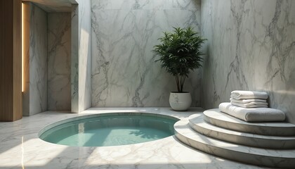 Luxury bathroom with round marble tub, white marble floor, walls, green potted plant, stacked towels on stepped platform, soft natural light. Modern interior design, spa, relaxation, serene