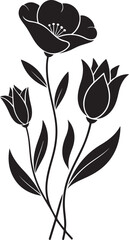 Black Silhouette of Three Flowers and Leaves floral